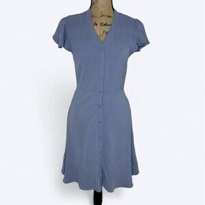 Lucky Brand Mini Dress Sz S Blue Button Front Flutter Sleeve Pockets Casual